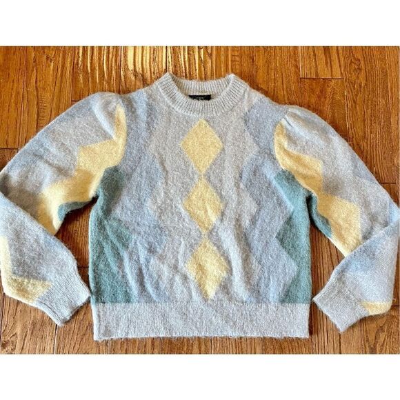 J. Crew blue and yellow argyle alpaca wool crewneck sweater - Picture 3 of 9